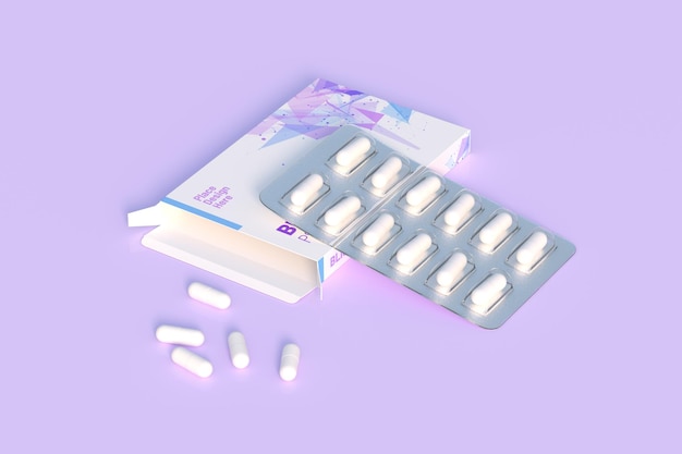 Nahaufnahme der Blisterpackung mit runden Medikamenten einfarbige Pillen Mockup-Vorlage 3D-Rendering