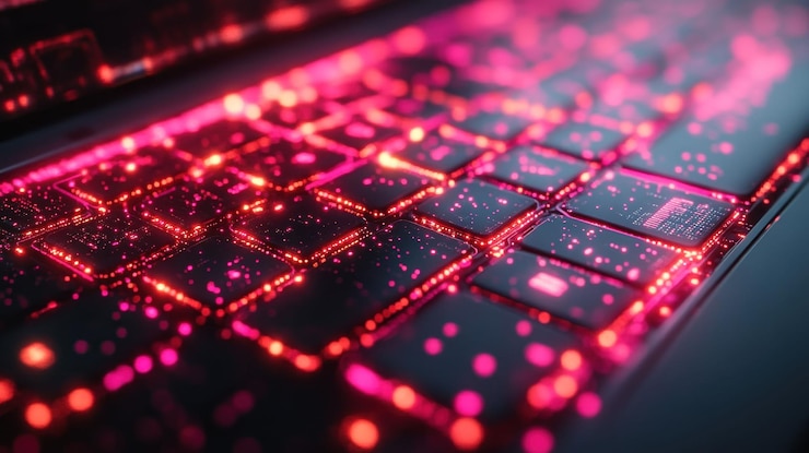 PSD nahaufnahme einer futuristischen leuchtenden laptop-tastatur mit roten licht-effekten