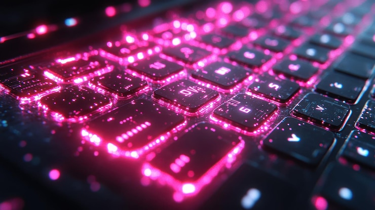 PSD nahaufnahme einer leuchtend rosa laptop-tastatur