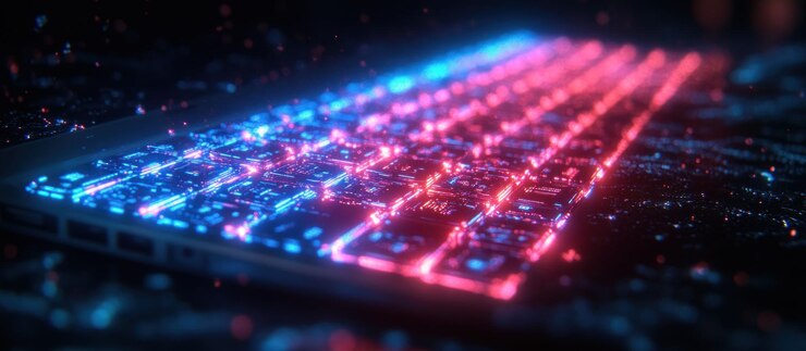 PSD nahaufnahme einer leuchtenden laptop-tastatur mit blauen und rosa lichtern