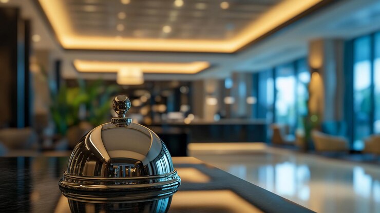 PSD nahaufnahme einer metallischen glocke an einem hotelempfangsschreibtisch mit verschwommenem hintergrund, der eine luxuriöse lobby zeigt