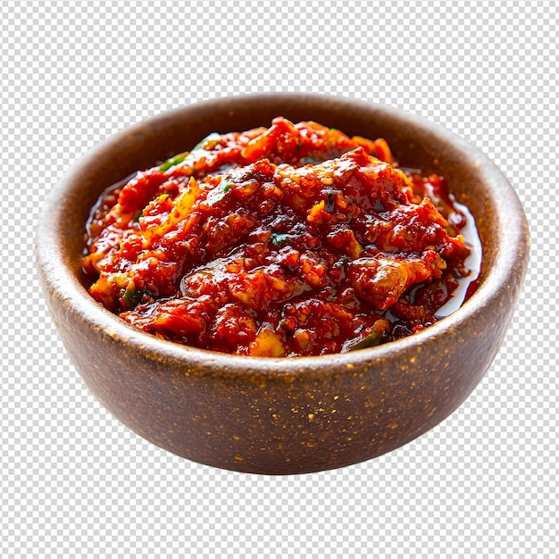Nahaufnahme einer Schüssel mit würziger Chili-Sauce, die auf einem durchsichtigen Hintergrund isoliert ist