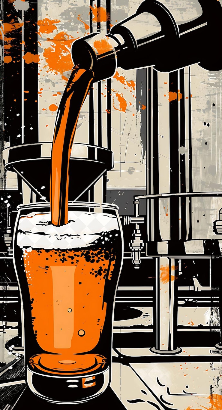 PSD nahaufnahme eines bieres, das in ein glas gegossen wird, mit einer flachen illustration im hintergrund bierkulturdesign