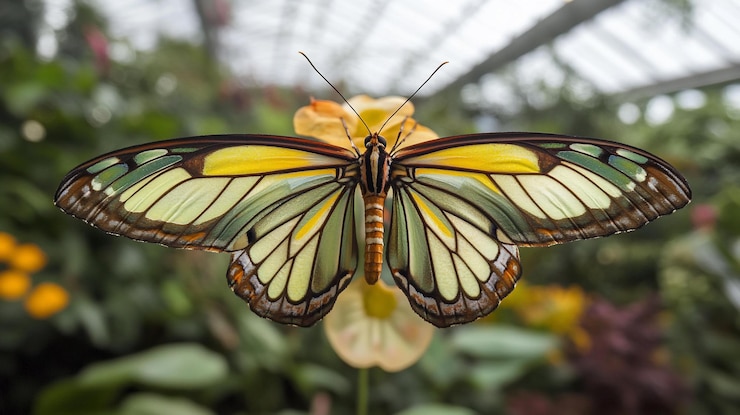 PSD nahaufnahme eines gelb-grünen schmetterlings mit komplizierten flügelmustern, der in einem üppigen garten auf einer blume sitzt