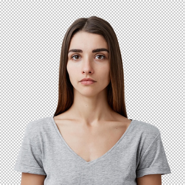 Nahaufnahme eines jungen, hübschen, charmanten kaukasischen Mädchens mit langen braunen Haaren in grauem T-Shirt mit ernsthaftem Gesichtsausdruck Frau, die ein Foto für den Reisepass macht