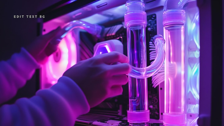 PSD nahaufnahme von händen, die einen benutzerdefinierten pc mit einem lebendigen rgb-flüssigkeitskühlsystem montieren