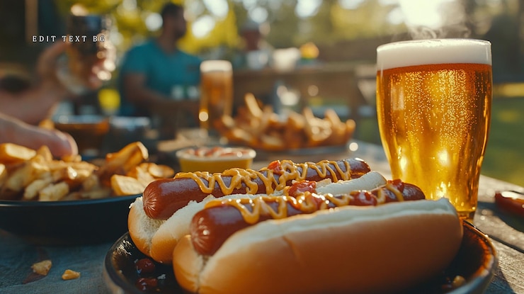 PSD nahaufnahme von hotdogs, pommes frites und bier bei einer veranstaltung im freien