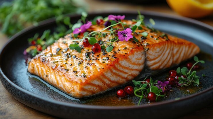 PSD nahaufnahme von panseared lachsfilet auf einem schwarzen teller, garniert mit essbaren blumen, kräutern und roten beeren