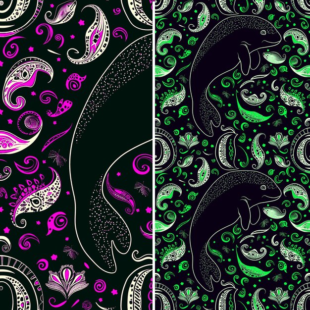 PSD nahtloses muster jade vine mit manatee-silhouette und vereinfachen sie das design mit p-collage-outline-art