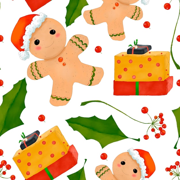 Nahtloses Muster mit Pfefferbrötchen Mann verlässt rote Beeren Geschenkkisten Aquarell digitale Weihnachten