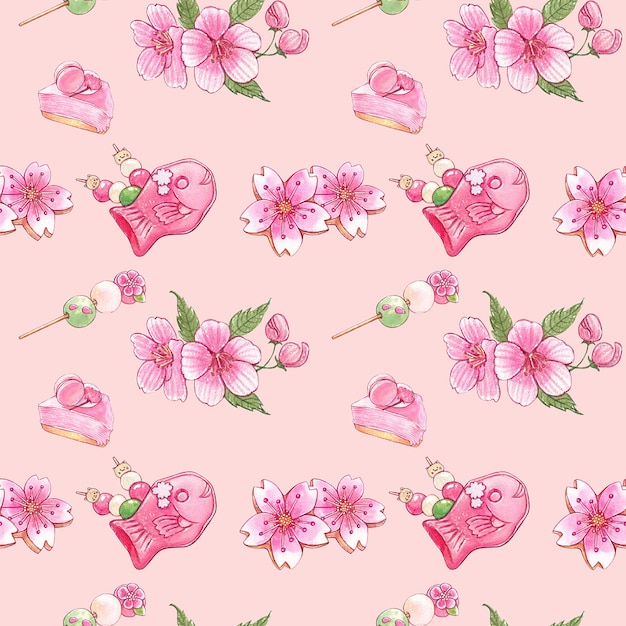 Nahtloses Muster Pink Sakura Desserts Aquarellmalerei handgezeichnete Illustration