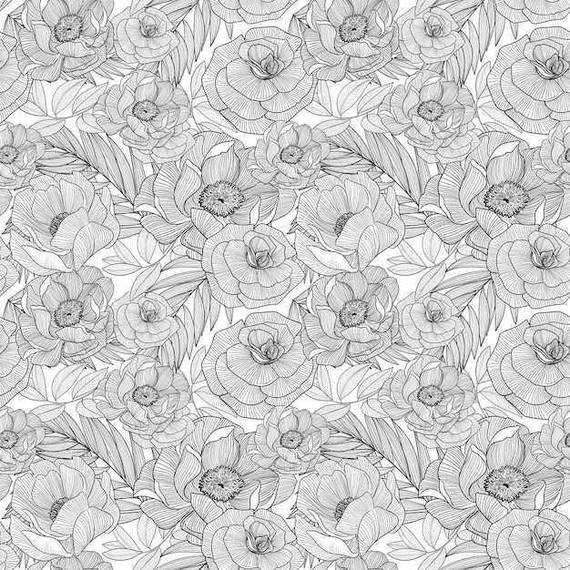 Nahtloses Muster von Rosen und Mohn im Line-Art-Stil digitale Malerei