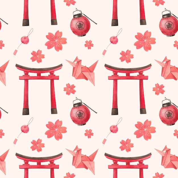 nahtloses Torii-Gate-Dekor mit roter Lampe und Origami-Muster