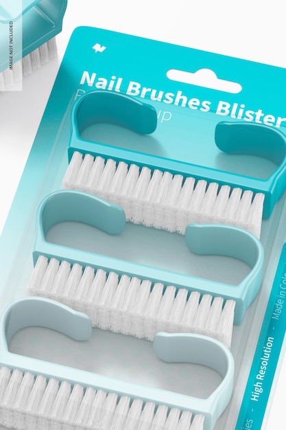 PSD nail brushes blister mockup, close up