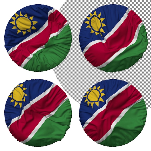 PSD namibia-flagge, runde form, isoliert, unterschiedlicher wehender stil, bump-textur, 3d-rendering