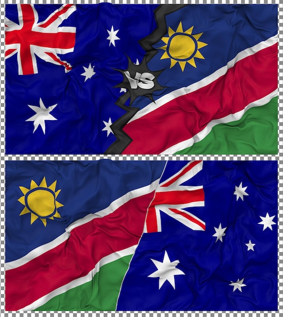 Namibia gegen Australien Halbkombinierte Flagge Stoff Bump Textur 3D-Rendering