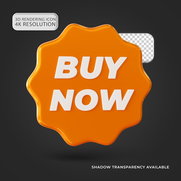 Naranja brillante Compra ahora Venta insignia aislado icono 3d Ilustración para la composición