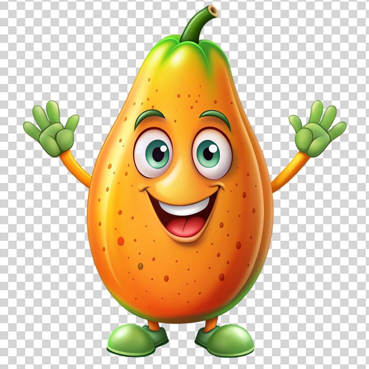 PSD una naranja de dibujos animados feliz con un tallo verde y hojas en la parte superior sobre un fondo transparente
