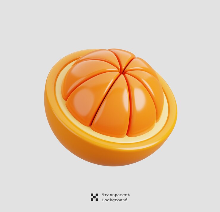 PSD naranja fresca con corte a la mitad aislado icono de frutas de dibujos animados ilustración de renderización 3d