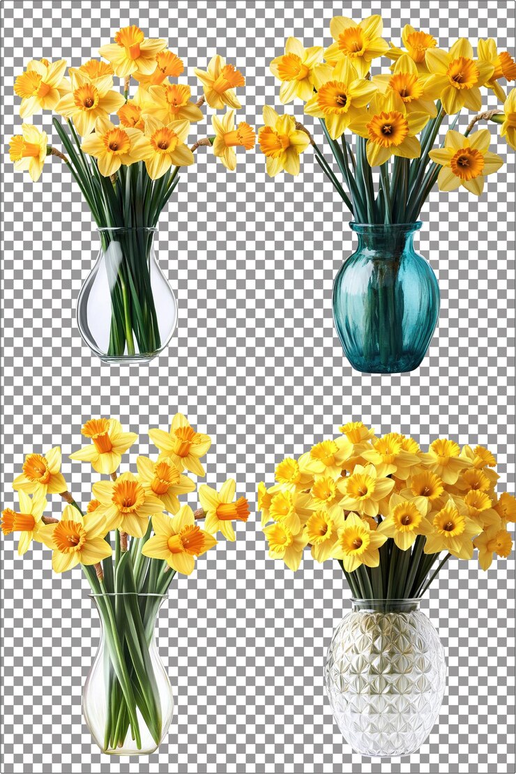 Narcisos amarillos en un jarrón Exposición floral brillante y alegre Hiperrealista Llanura blanca aislada