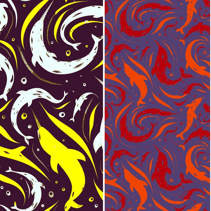 PSD narwal con silueta en espiral místico mínimo gráfico desi diseño vectorial de patrones de la naturaleza