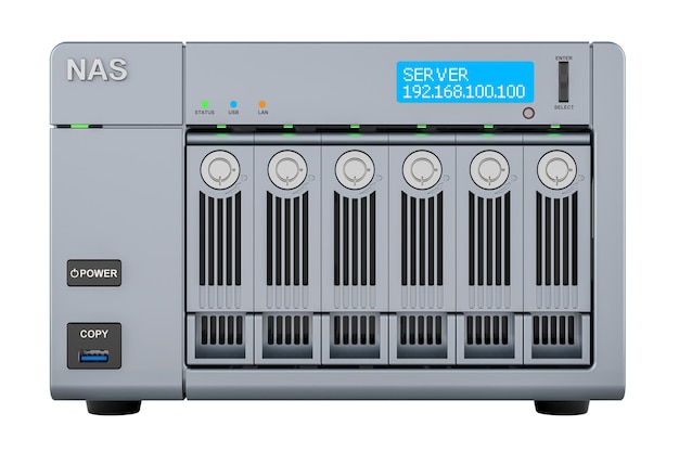 NAS con seis discos de representación 3D de vista frontal aislados en un fondo transparente