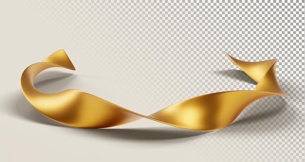 Nastro a spirale d'oro nastro ondulato contorto lucido icona di rendering 3D sfondo di moda beige astratto con elemento decorativo in metallo dorato scena realistica di lusso con striscia di carta curva illustrazione 3D