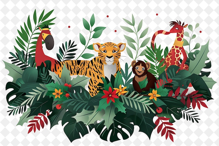 PSD natal di hutan bersama karakter buku hutan desain seni natal ilustrasi desi