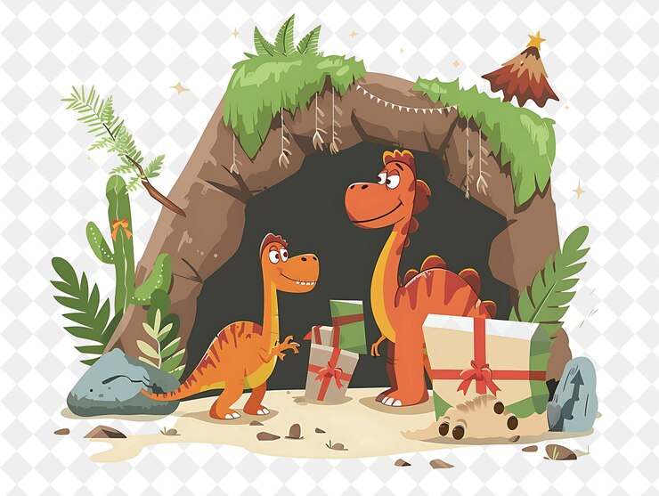 PSD natal na caverna com os flintstones e sua ilustração de dinosau design de arte de natal