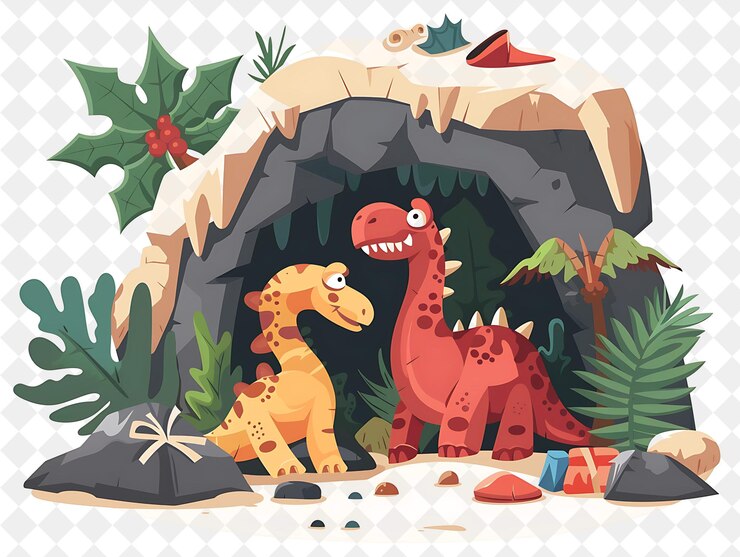 PSD natal na caverna com os flintstones e sua ilustração de dinosau design de arte de natal