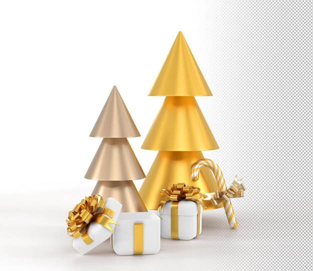 Natale e Capodanno composizione 3d rendering Xmas dorato e bronzo pino abeti scatole regalo canna di zucchero caramello con fiocco su sfondo bianco Mockup biglietto di auguri banner poster illustrazione 3D