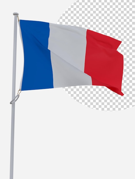 Nationale Flagge Frankreichs auf isolierten Stahlpfählen Symbolische Flagge für den Unabhängigkeitstag Patriotismus Freiheit und nationale Einheit Mit ikonischen Symbolen des Staates auf welligem Stoff