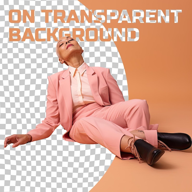 PSD native american senior woman guilty bald immobilienmakler posiert in gestütztem liegend-down-stil auf pastel peach