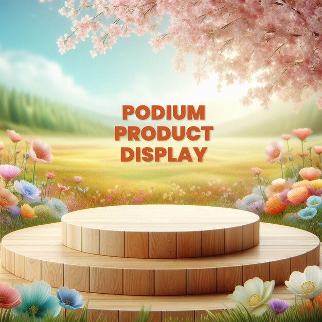 Natürliche schönheit podium bühne anzeige hintergrund mit frühlingsblumen feldszene für die produktdarstellung