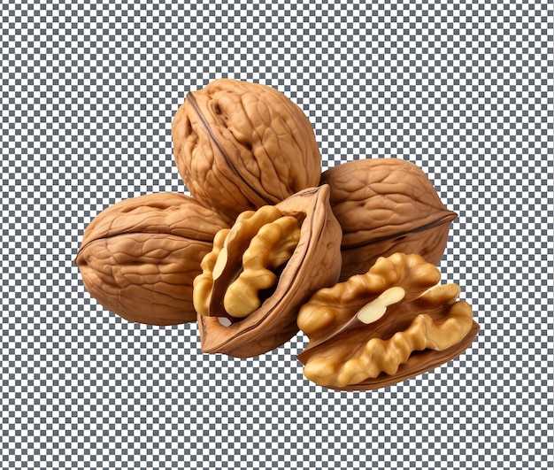 Natürliche und frische Walnüsse auf durchsichtigem Hintergrund isoliert