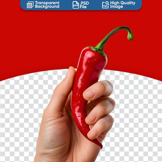 PSD natural cayenne pepper pod una mano sosteniendo un chile rojo caliente para productos y recetas culinarias