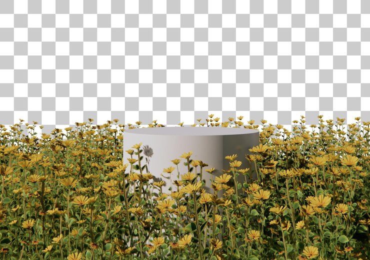 PSD natural podium with sunflowers field 3d rendering