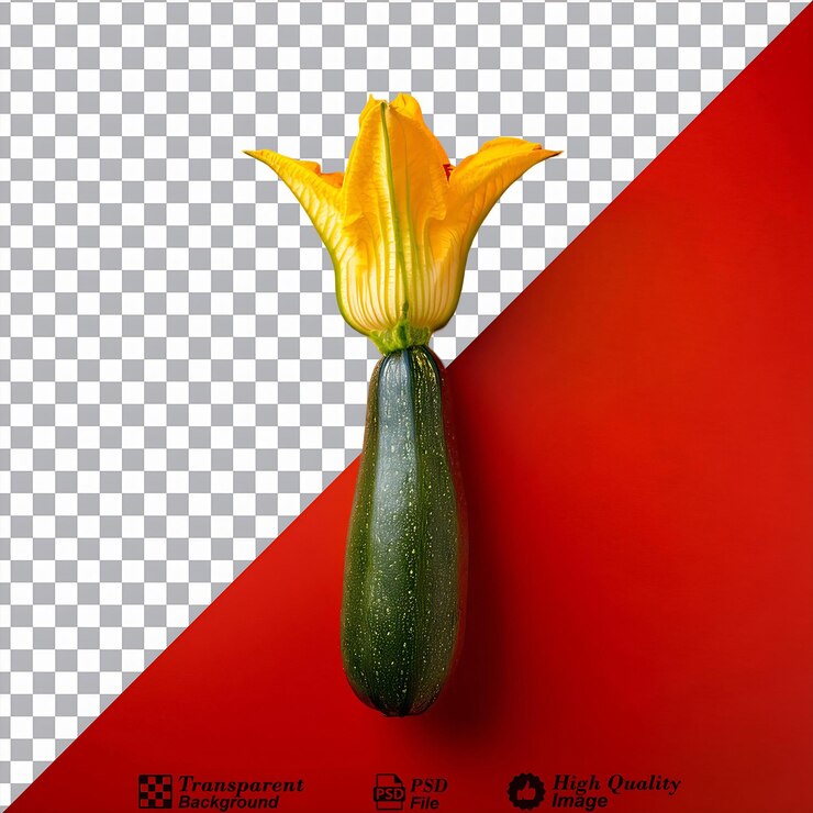 PSD naturaleza belleza flor de calabacín amarillo con tallo verde en fondo rayado aislado