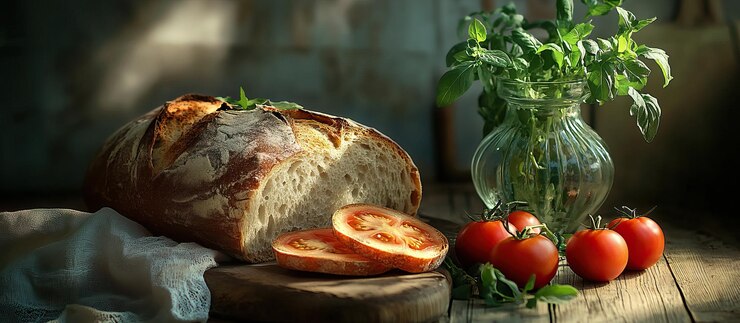 PSD naturaleza muerta rústica con tomates de pan y albahaca