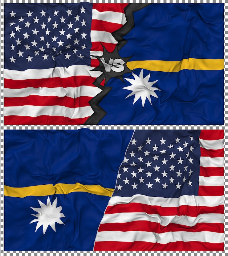 PSD nauru contra los estados unidos media bandera combinada tela textura de golpe relación bilateral renderización en 3d
