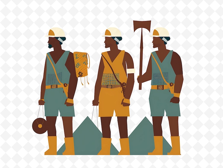 PSD nauruan phosphate miners working in the mines design is indu illustration cutural landscape view