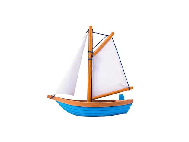 Nave a vela giocattolo in legno fatta a mano con scafo blu e vele bianche per decorazioni nautiche