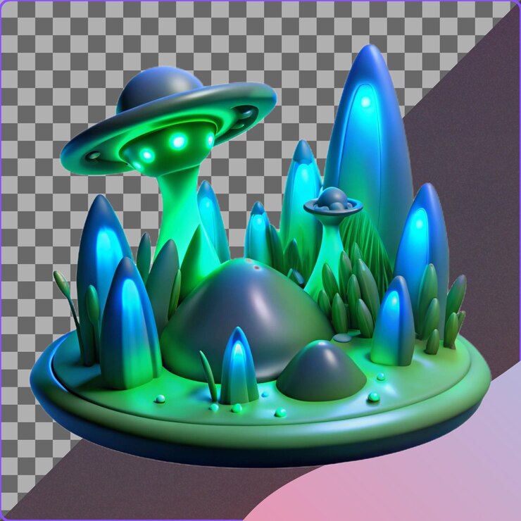 PSD la nave espacial alienígena en 3d aterriza en el planeta exuberante ilustración