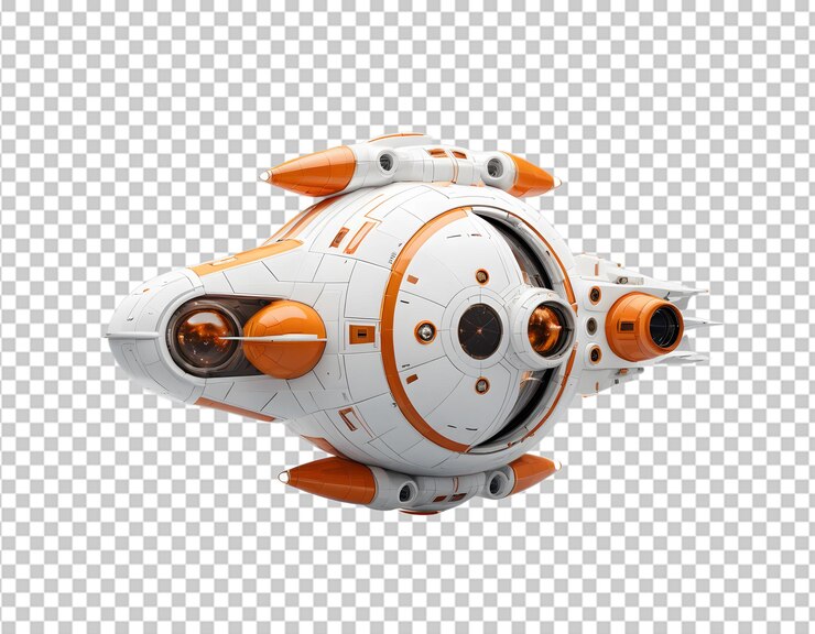 PSD una nave espacial futurista con acentos naranjas aislados sobre un fondo transparente