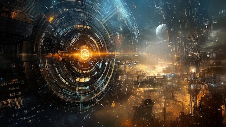 PSD una nave espacial futurista en órbita alrededor de una vibrante y extensa ciudad espacial.