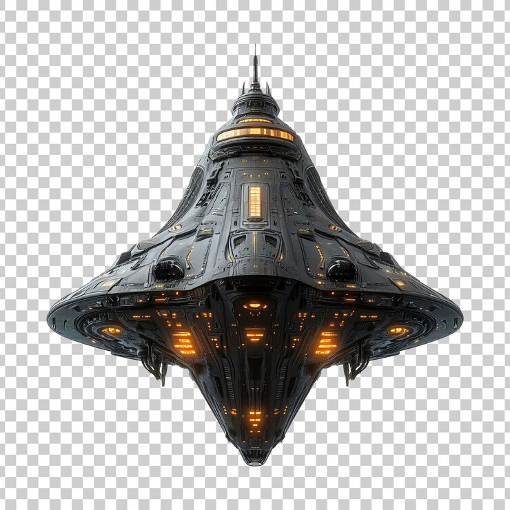 PSD nave espacial triangular de alta tecnología con paneles iluminados en un fondo transparente