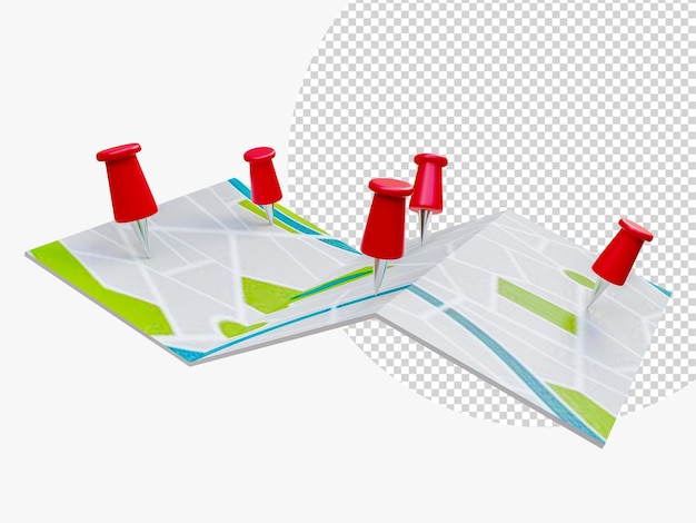 Navegação de mapas dobrados com marcadores de pontos de cor vermelha mapa localização do pino de viagem mundial em um mapa global para planejamento de viagem de turismo de viagem renderização 3d em turnê mundial