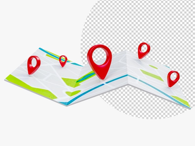 Navegação de mapas dobrados com marcadores de pontos de cor vermelha mapa Localização do pino de viagem mundial em um mapa global para planejamento de viagem de turismo de viagem renderização 3d em turnê mundial