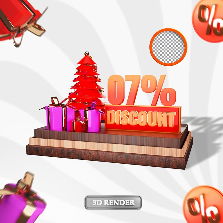 PSD navidad, 07 por ciento, venta, descuento, etiqueta, 3d, rendido, ilustración