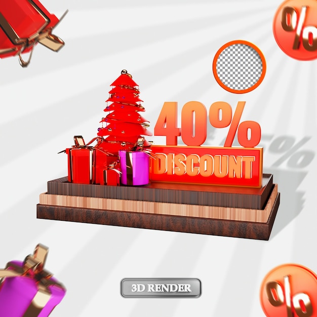 Navidad 40 por ciento etiqueta de descuento de venta 3d rindió la ilustración